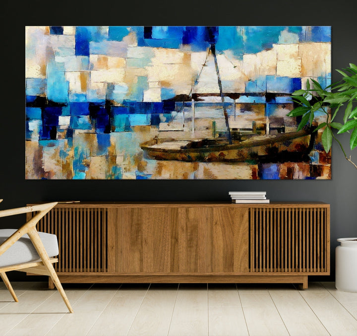 Abstract Ship Painting on Canvas Nautical Boat Wall Art Print Framed