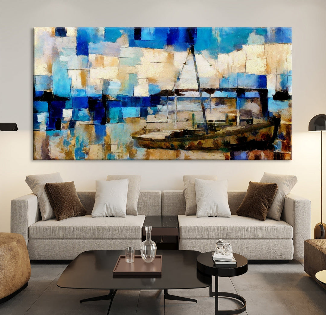 Abstract Ship Painting on Canvas Nautical Boat Wall Art Print Framed