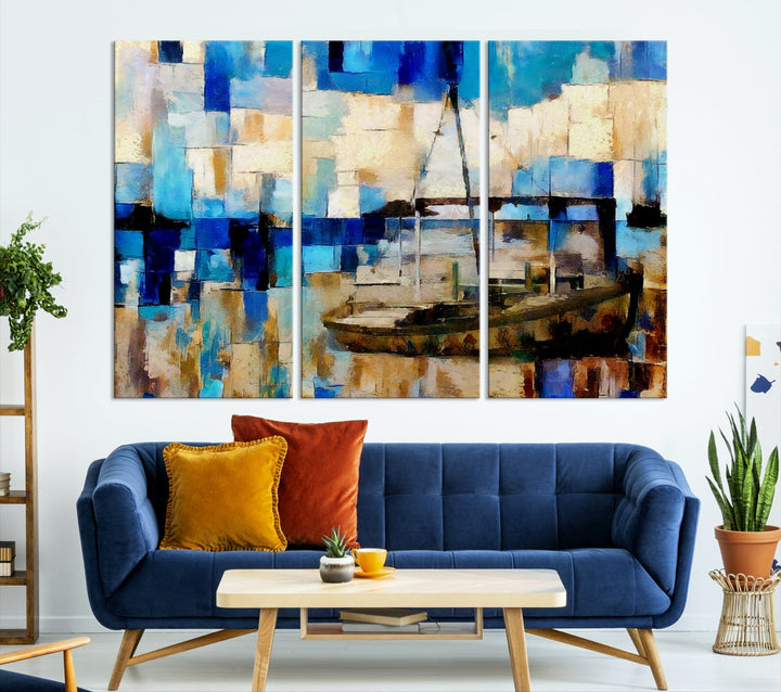 Abstract Ship Painting on Canvas Nautical Boat Wall Art Print Framed