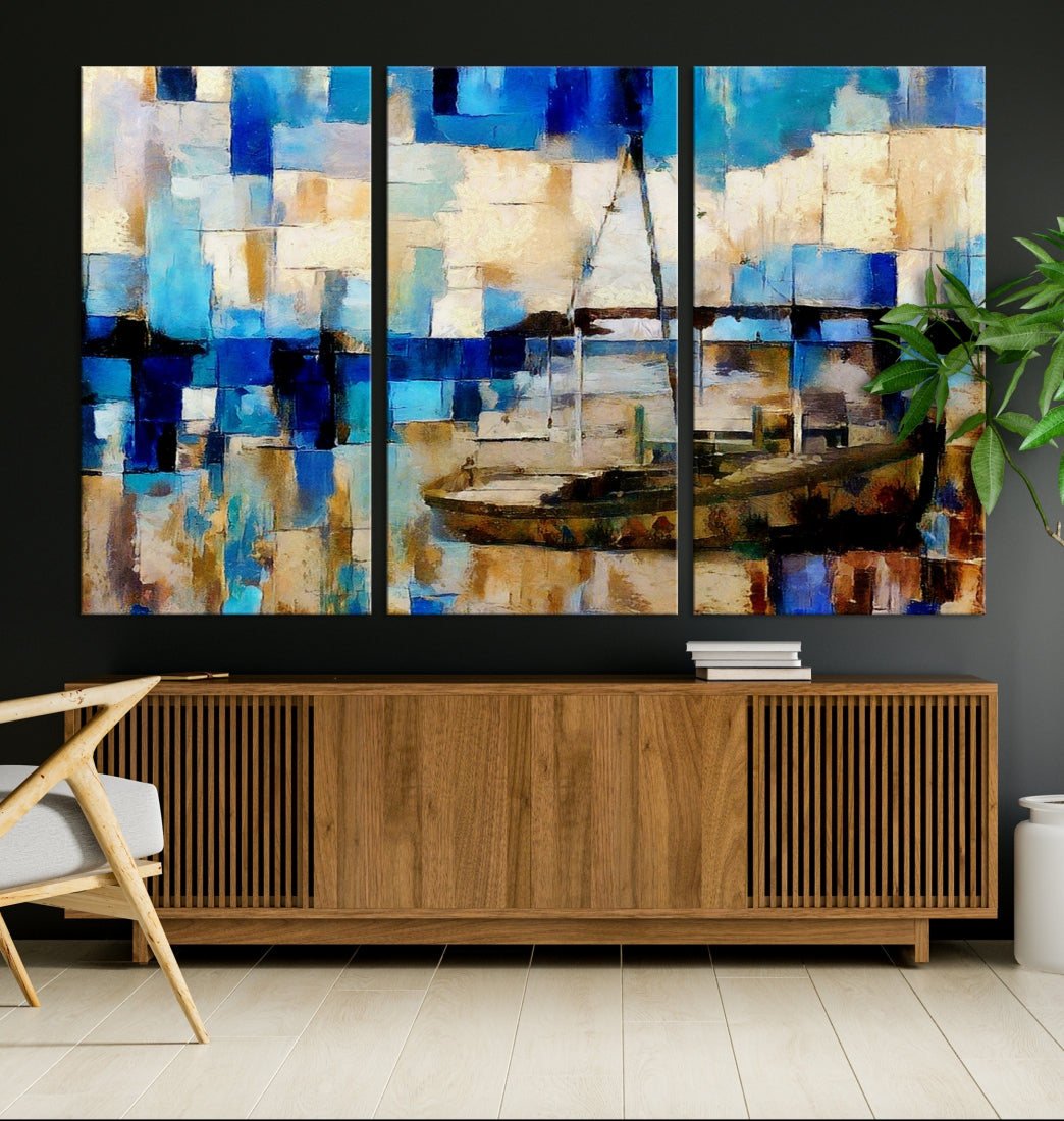 Abstract Ship Painting on Canvas Nautical Boat Wall Art Print Framed