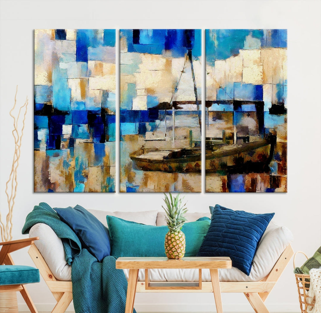 Abstract Ship Painting on Canvas Nautical Boat Wall Art Print Framed