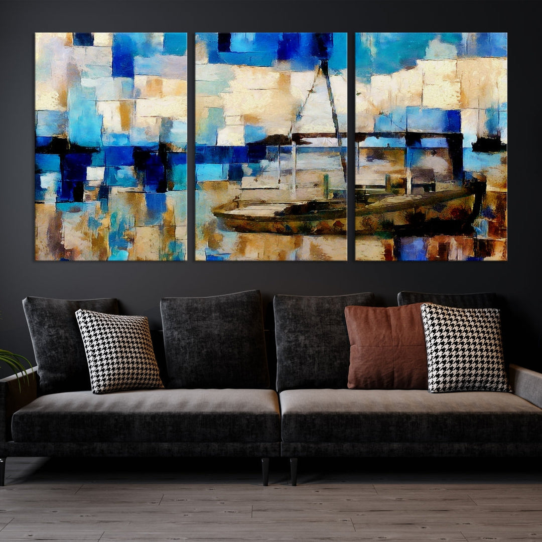 Abstract Ship Painting on Canvas Nautical Boat Wall Art Print Framed