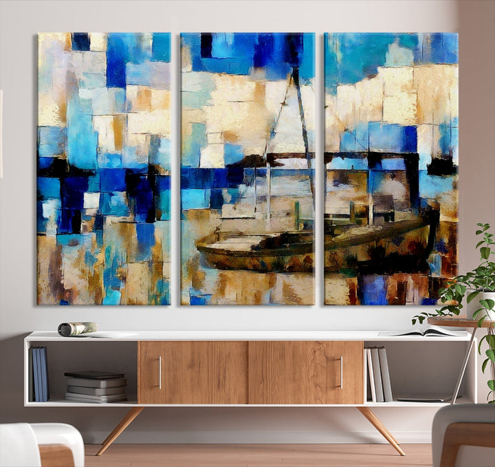 Abstract Ship Painting on Canvas Nautical Boat Wall Art Print Framed