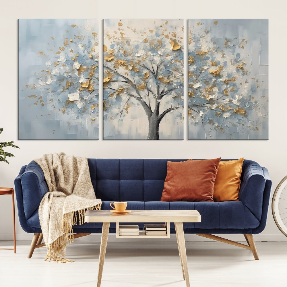 Abstract Tree Painting White Flowers in Foggy Forest Canvas Print Wall Art