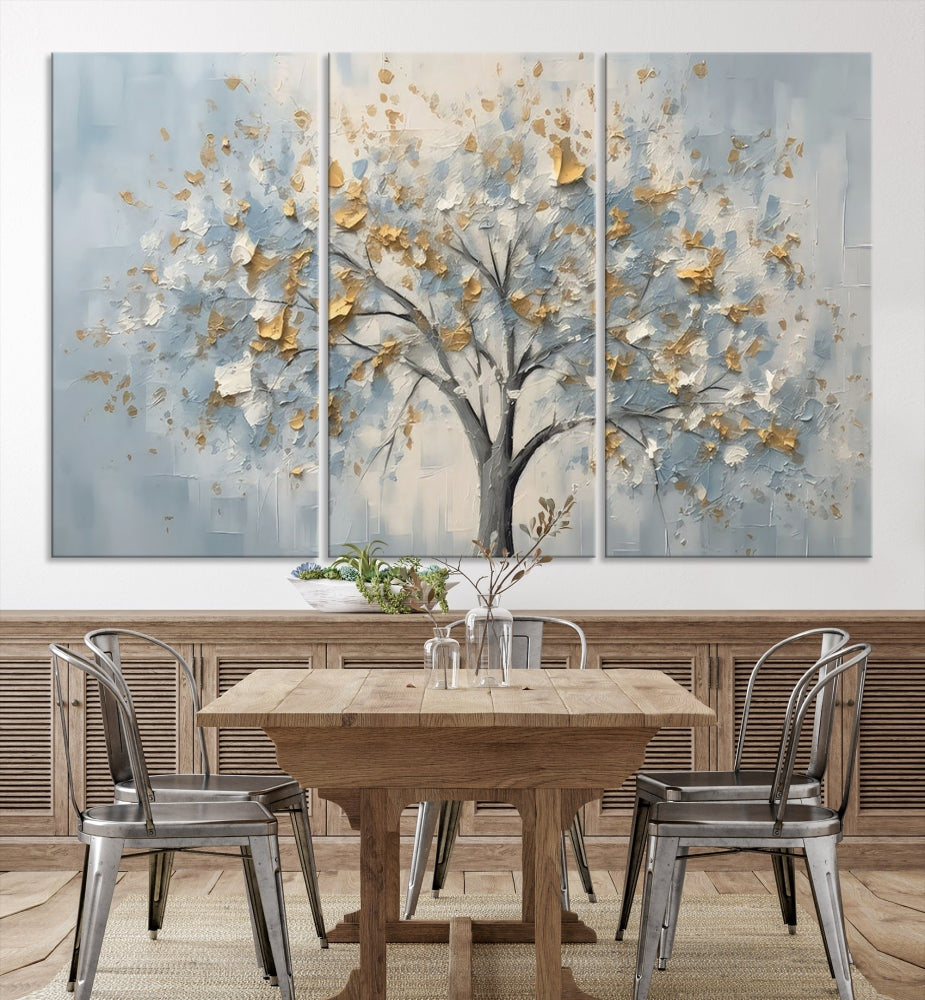 Abstract Tree Painting White Flowers in Foggy Forest Canvas Print Wall Art