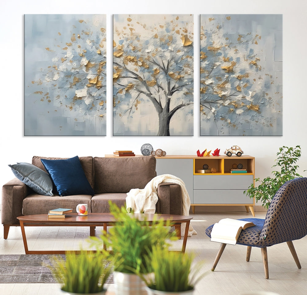 Abstract Tree Painting White Flowers in Foggy Forest Canvas Print Wall Art