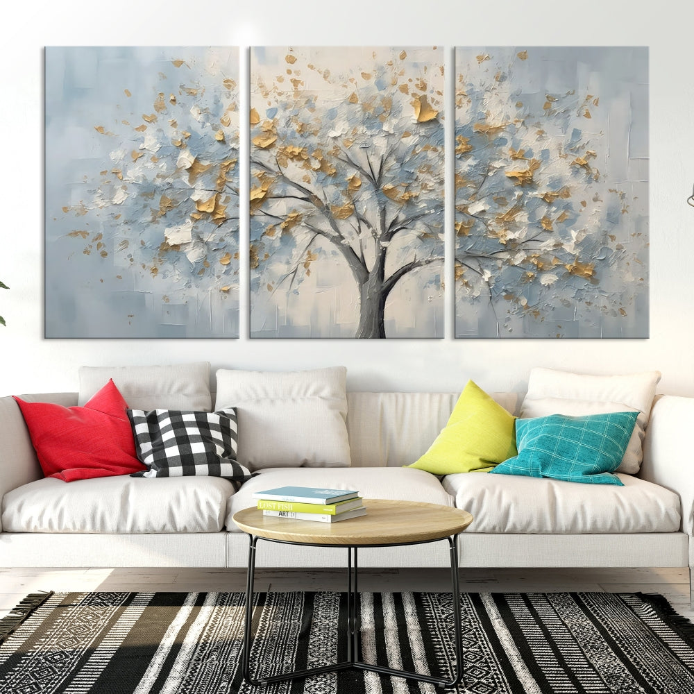 Abstract Tree Painting White Flowers in Foggy Forest Canvas Print Wall Art