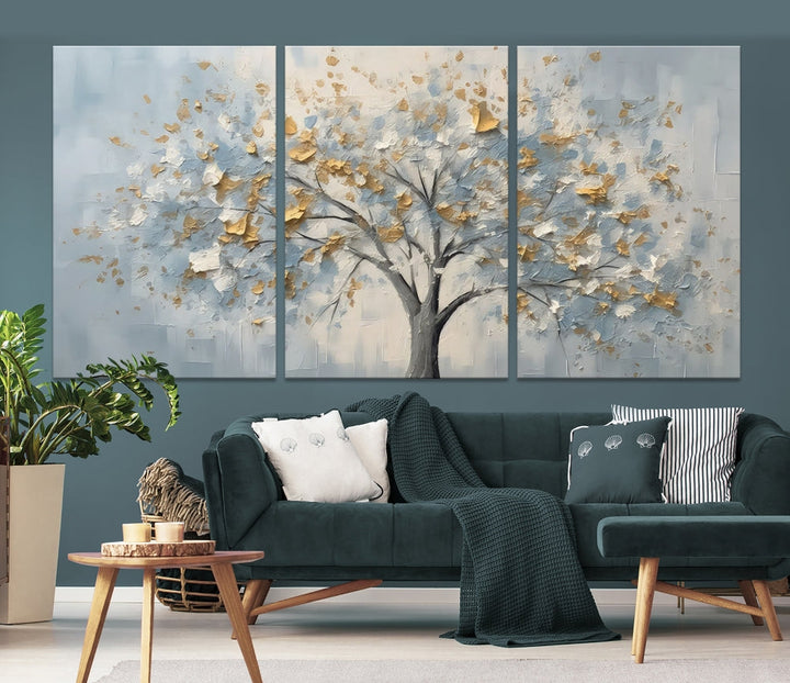 Abstract Tree Painting White Flowers in Foggy Forest Canvas Print Wall Art