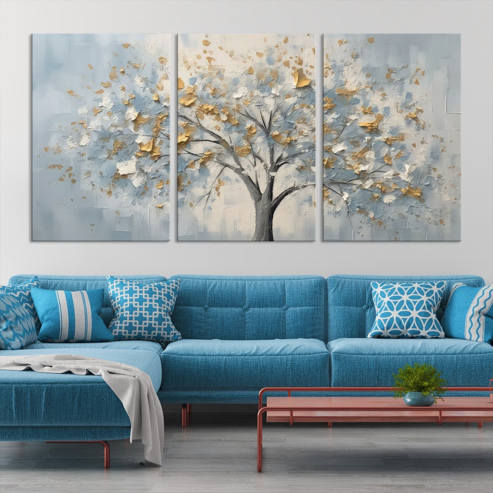 Abstract Tree Painting White Flowers in Foggy Forest Canvas Print Wall Art