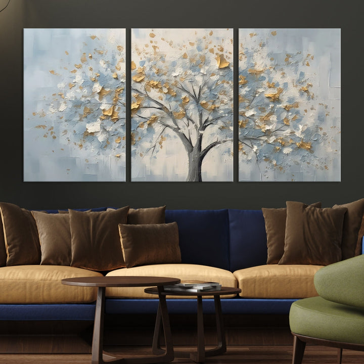 Abstract Tree Painting White Flowers in Foggy Forest Canvas Print Wall Art