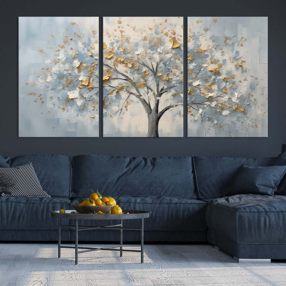 Abstract Tree Painting White Flowers in Foggy Forest Canvas Print Wall Art