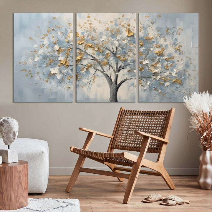 Abstract Tree Painting White Flowers in Foggy Forest Canvas Print Wall Art