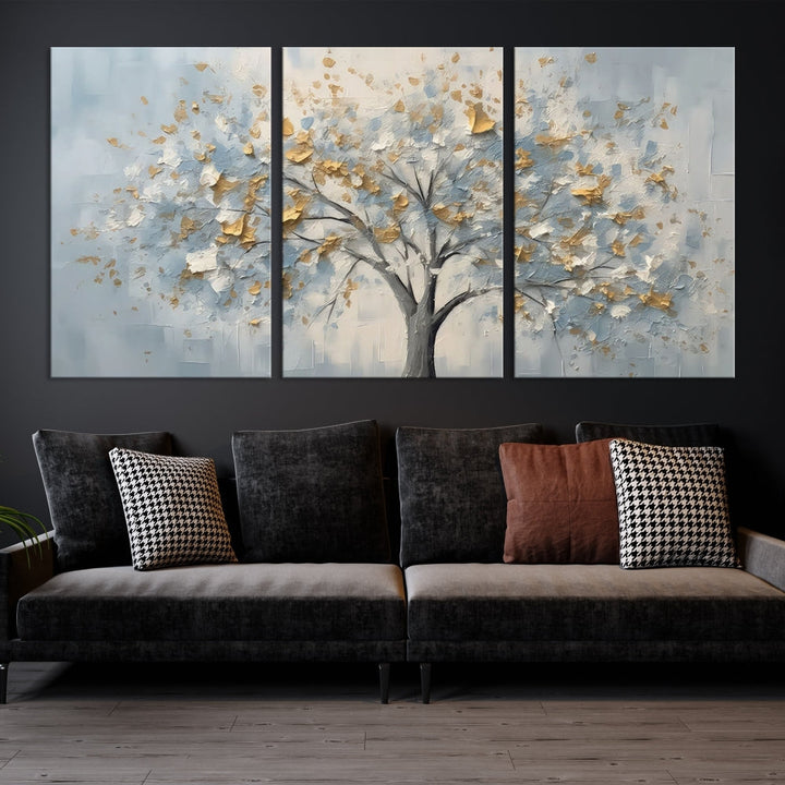 Abstract Tree Painting White Flowers in Foggy Forest Canvas Print Wall Art