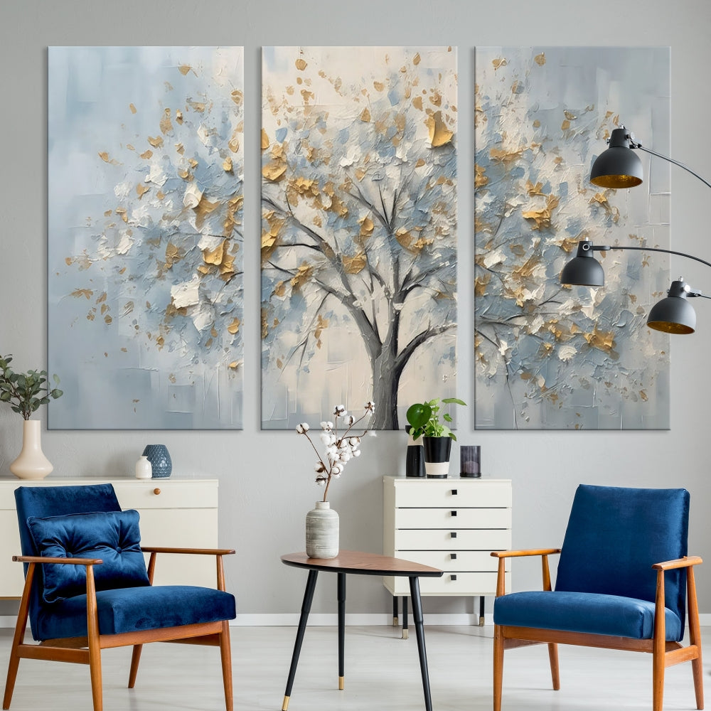 Abstract Tree Painting White Flowers in Foggy Forest Canvas Print Wall Art