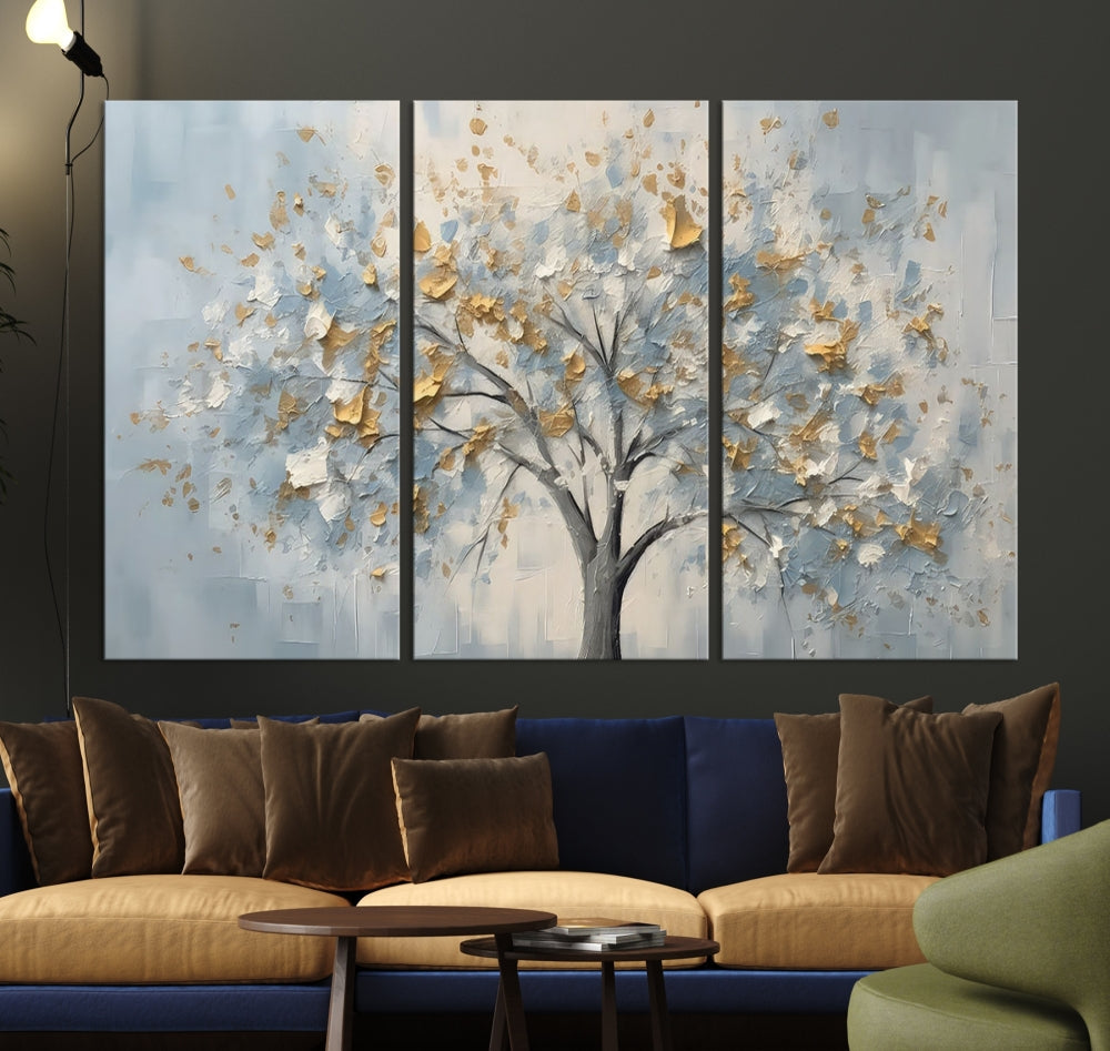 Abstract Tree Painting White Flowers in Foggy Forest Canvas Print Wall Art