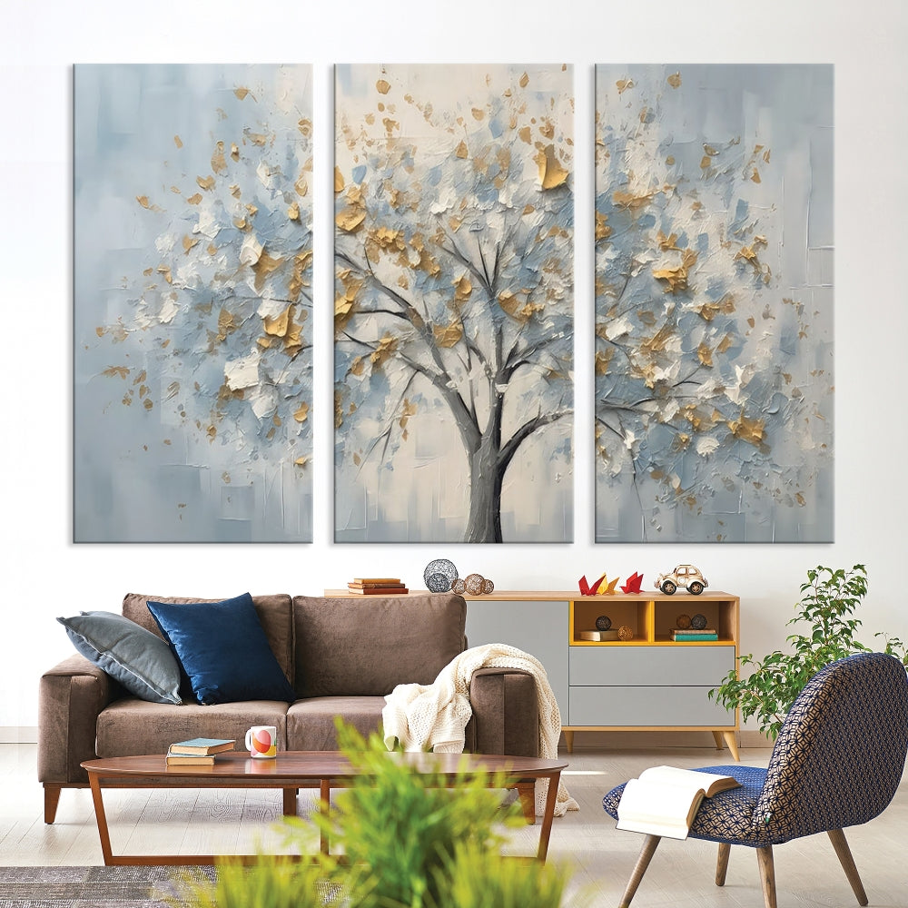 Abstract Tree Painting White Flowers in Foggy Forest Canvas Print Wall Art