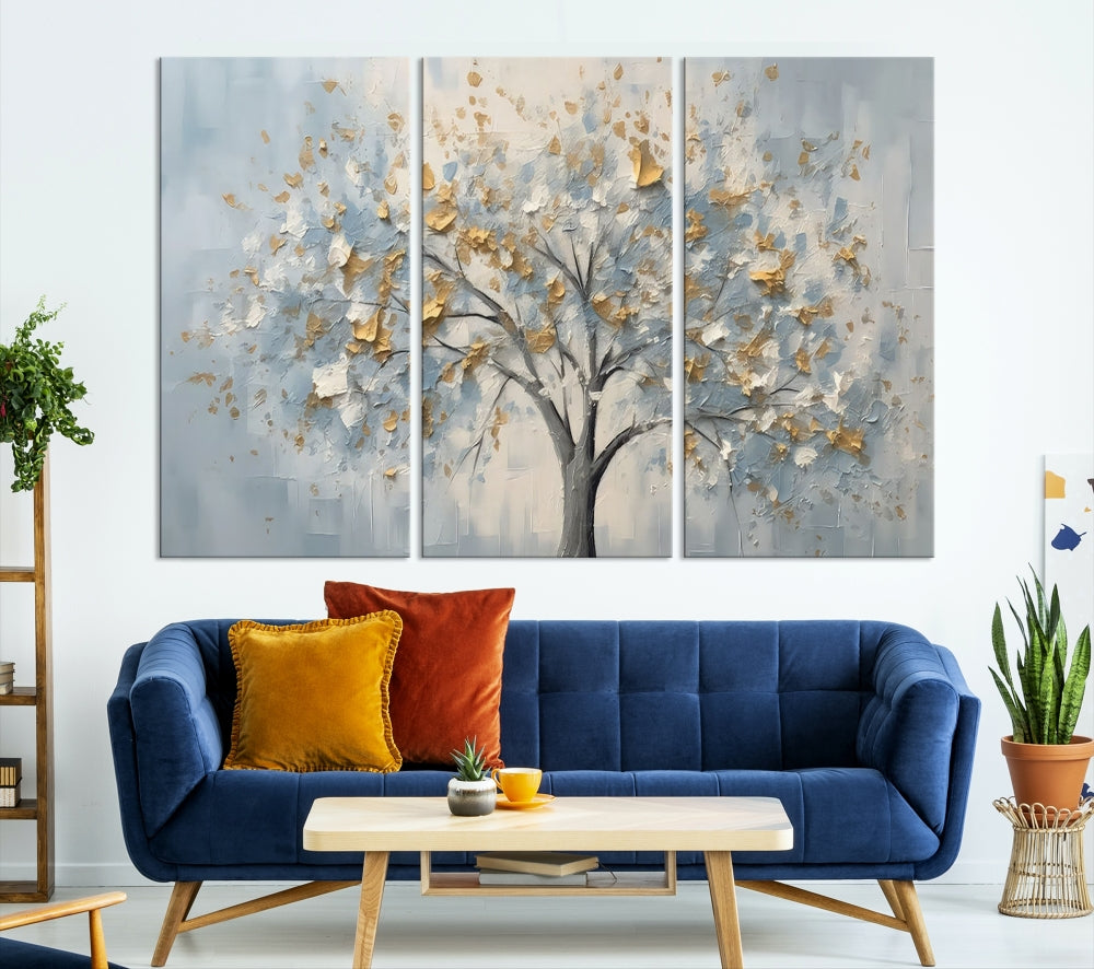 Abstract Tree Painting White Flowers in Foggy Forest Canvas Print Wall Art