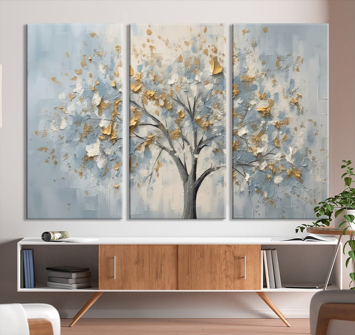 Abstract Tree Painting White Flowers in Foggy Forest Canvas Print Wall Art