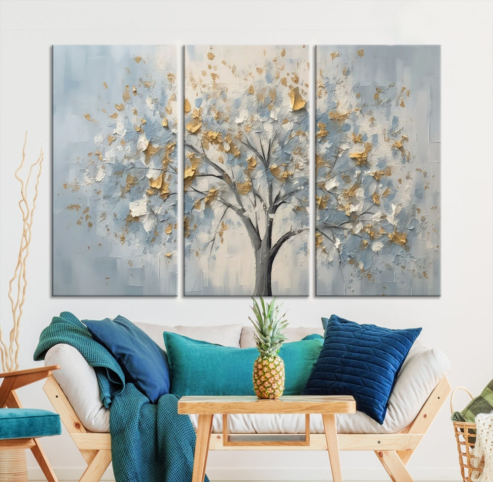 Abstract Tree Painting White Flowers in Foggy Forest Canvas Print Wall Art