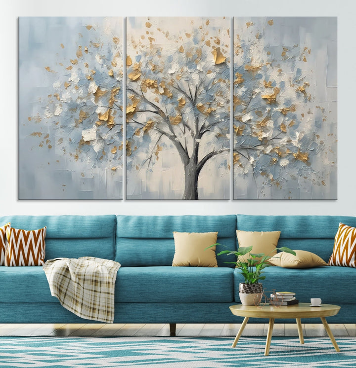 Abstract Tree Painting White Flowers in Foggy Forest Canvas Print Wall Art