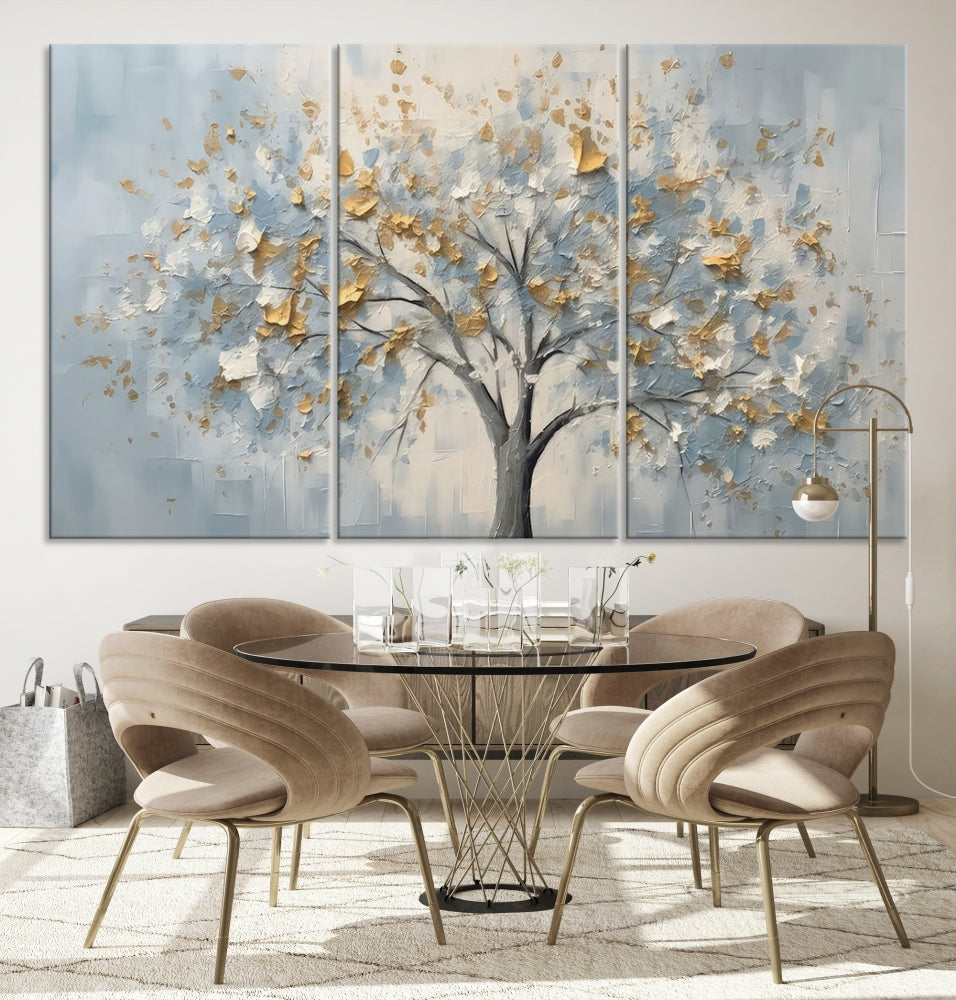 Abstract Tree Painting White Flowers in Foggy Forest Canvas Print Wall Art