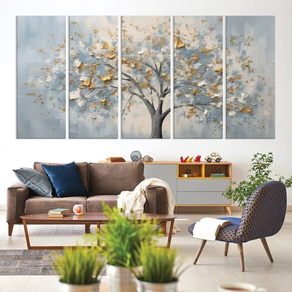 Abstract Tree Painting White Flowers in Foggy Forest Canvas Print Wall Art