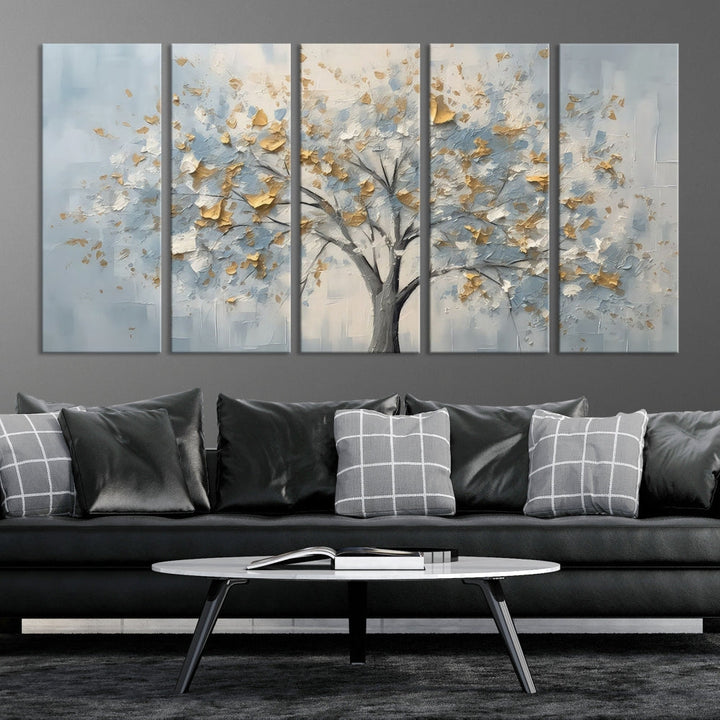 Abstract Tree Painting White Flowers in Foggy Forest Canvas Print Wall Art