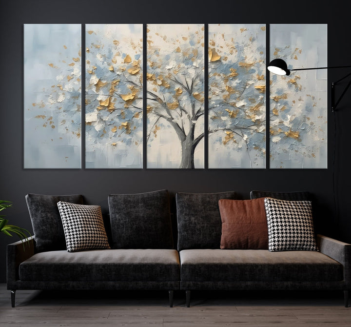 Abstract Tree Painting White Flowers in Foggy Forest Canvas Print Wall Art