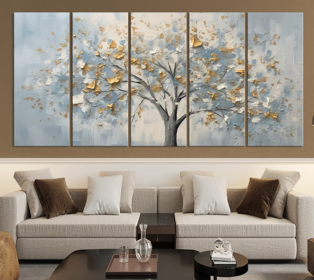 Abstract Tree Painting White Flowers in Foggy Forest Canvas Print Wall Art