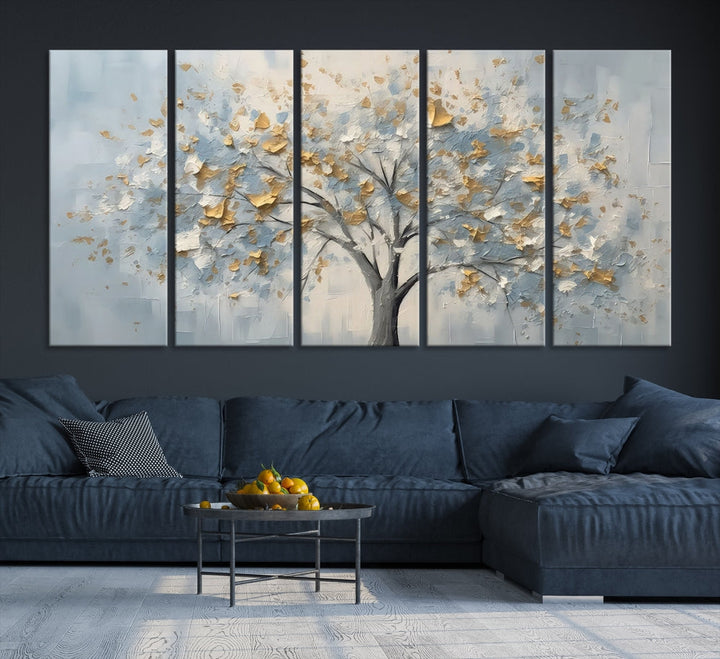 Abstract Tree Painting White Flowers in Foggy Forest Canvas Print Wall Art