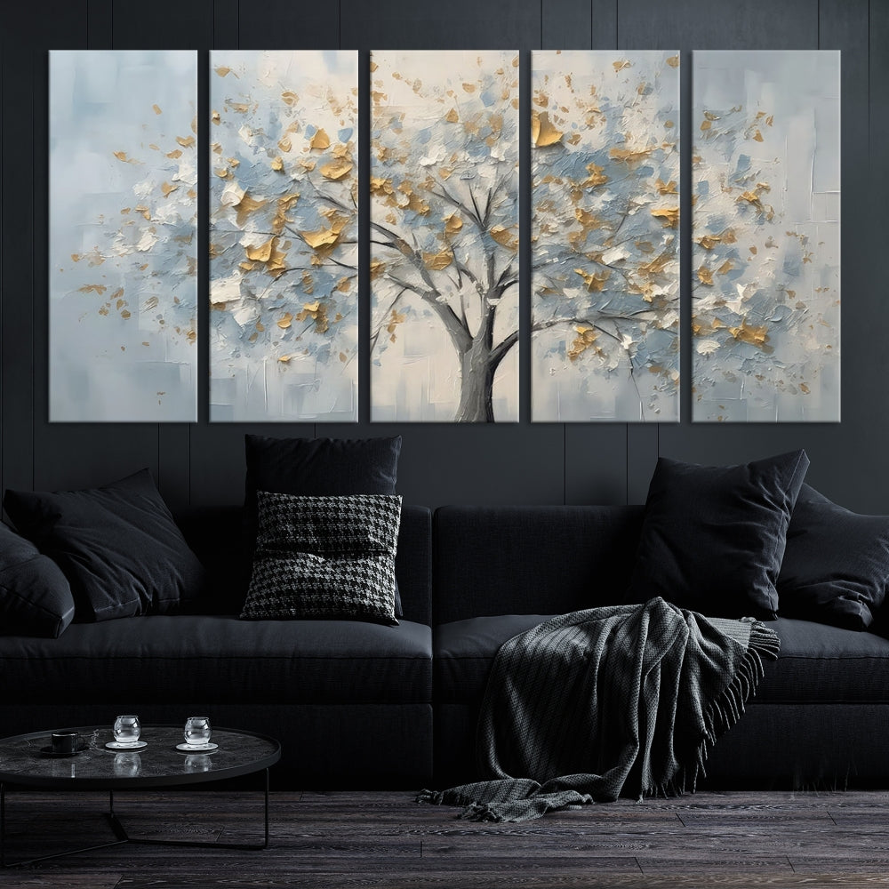 Abstract Tree Painting White Flowers in Foggy Forest Canvas Print Wall Art