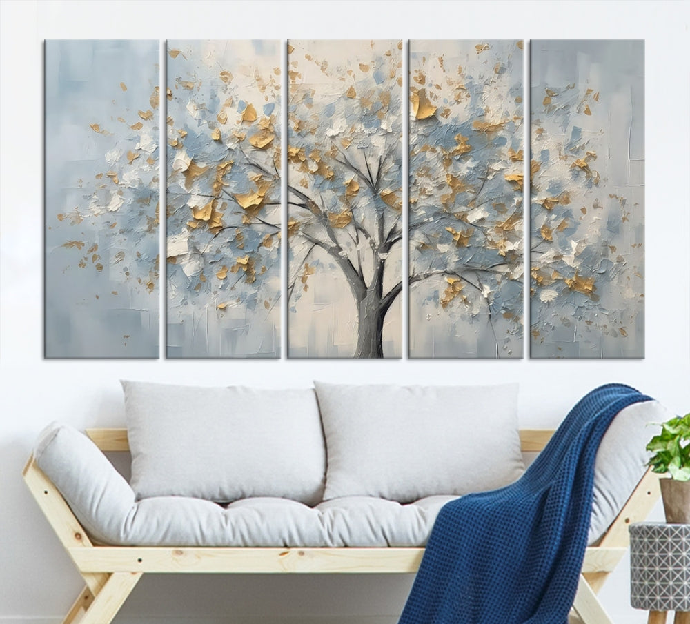 Abstract Tree Painting White Flowers in Foggy Forest Canvas Print Wall Art