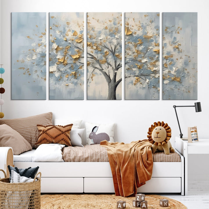 Abstract Tree Painting White Flowers in Foggy Forest Canvas Print Wall Art