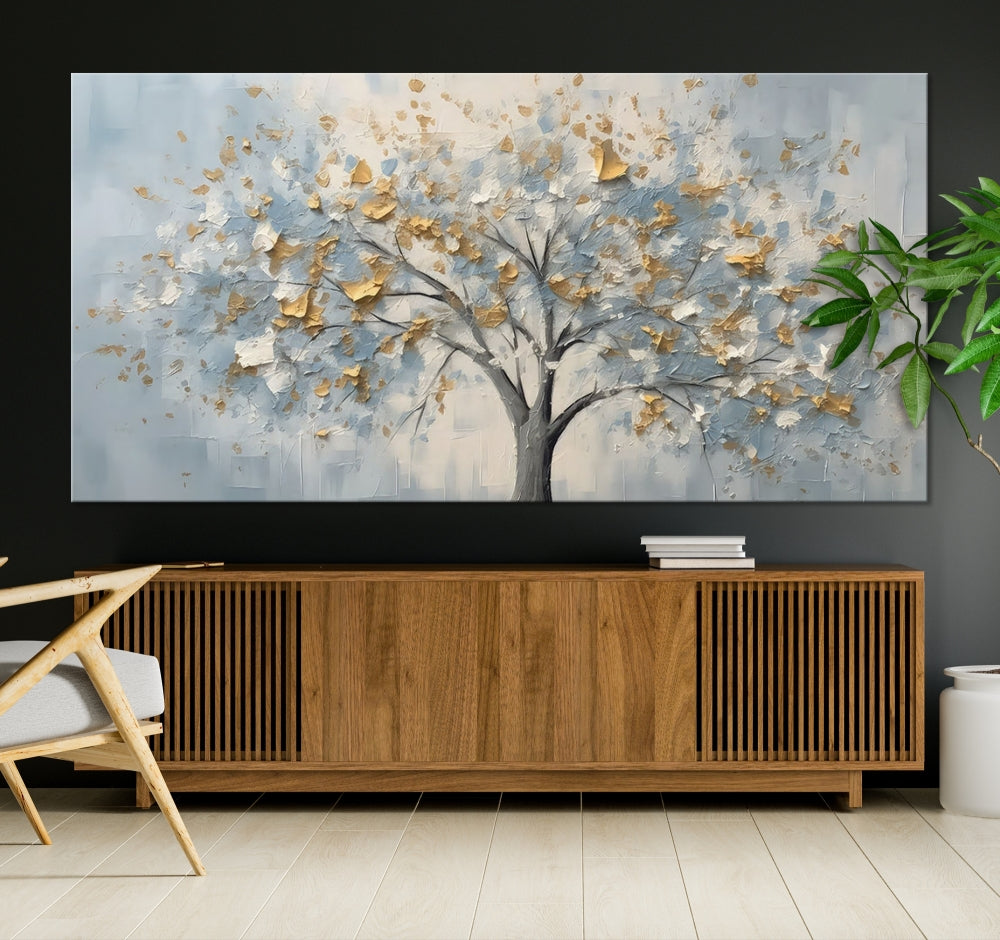 Abstract Tree Painting White Flowers in Foggy Forest Canvas Print Wall Art