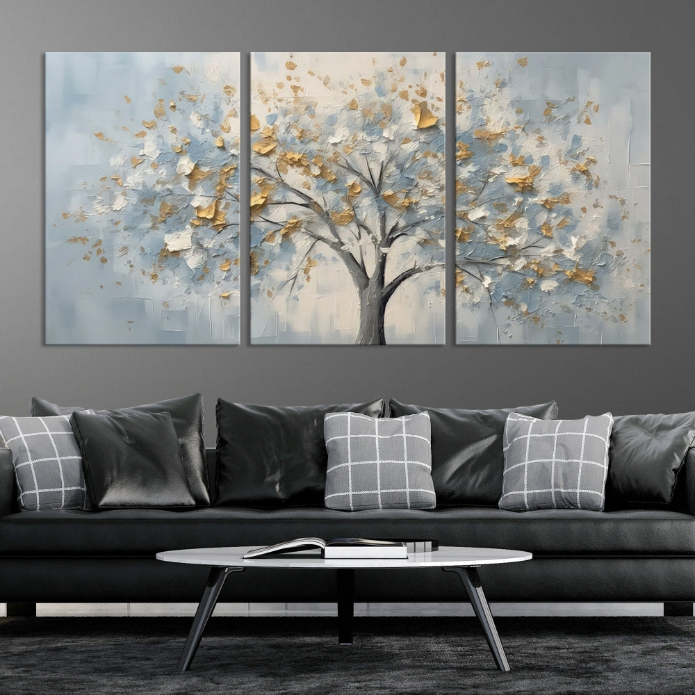 Abstract Tree Painting White Flowers in Foggy Forest Canvas Print Wall Art