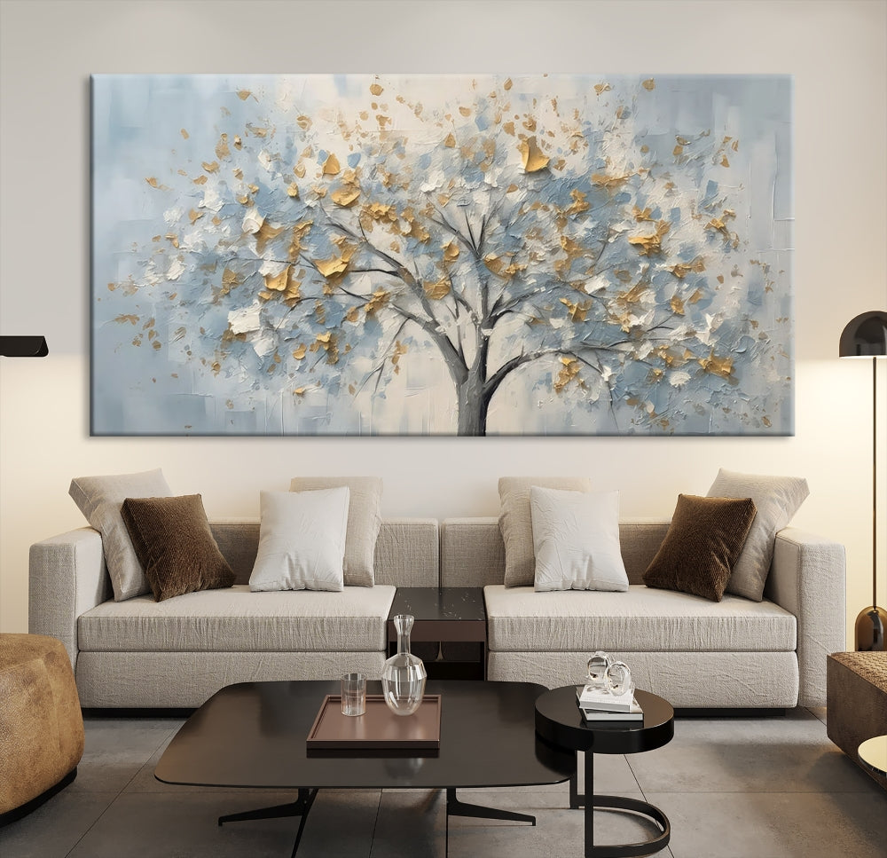 Abstract Tree Painting White Flowers in Foggy Forest Canvas Print Wall Art