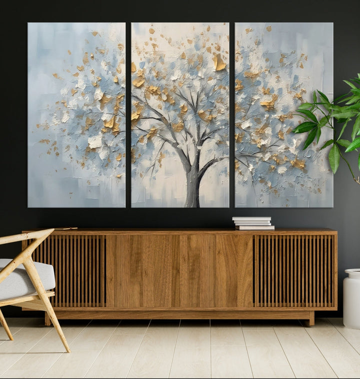 Abstract Tree Painting White Flowers in Foggy Forest Canvas Print Wall Art