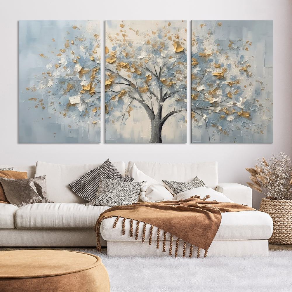 Abstract Tree Painting White Flowers in Foggy Forest Canvas Print Wall Art