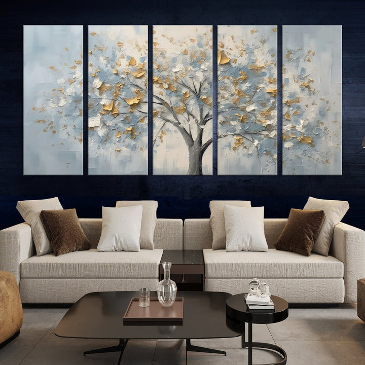 Abstract Tree Painting White Flowers in Foggy Forest Canvas Print Wall Art