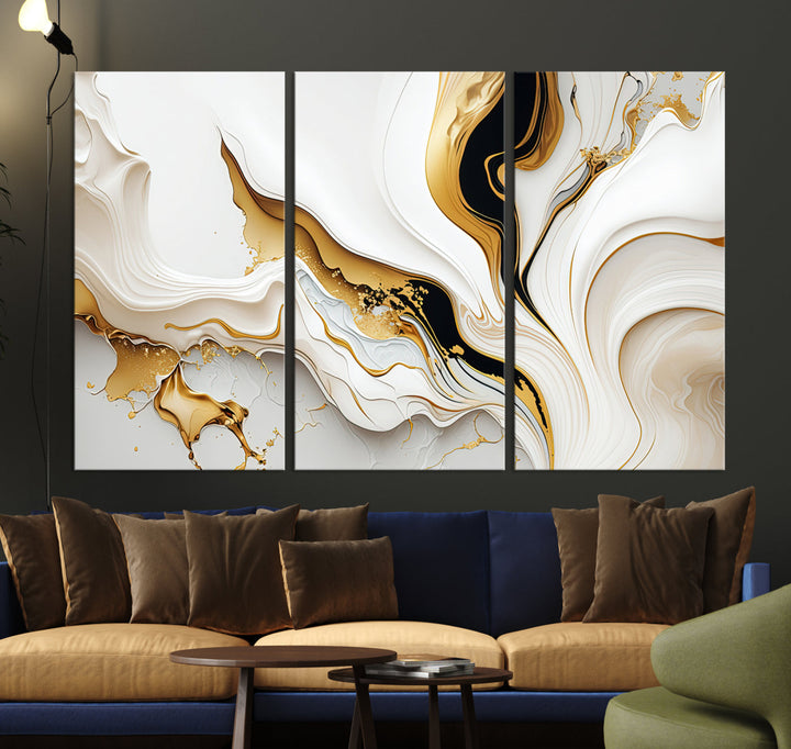 Abstract White and Gold Canvas Wall Art Print - Elegant Modern Design with Flowing White and Gold Accents, Perfect for Living Room or Office Decor