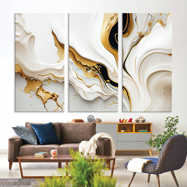 Abstract White and Gold Canvas Wall Art Print - Elegant Modern Design with Flowing White and Gold Accents, Perfect for Living Room or Office Decor