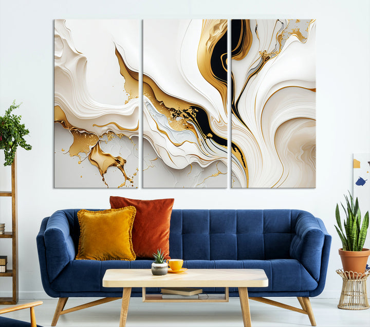 Abstract White and Gold Canvas Wall Art Print - Elegant Modern Design with Flowing White and Gold Accents, Perfect for Living Room or Office Decor