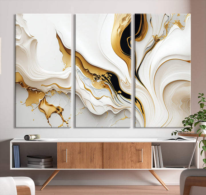 Abstract White and Gold Canvas Wall Art Print - Elegant Modern Design with Flowing White and Gold Accents, Perfect for Living Room or Office Decor