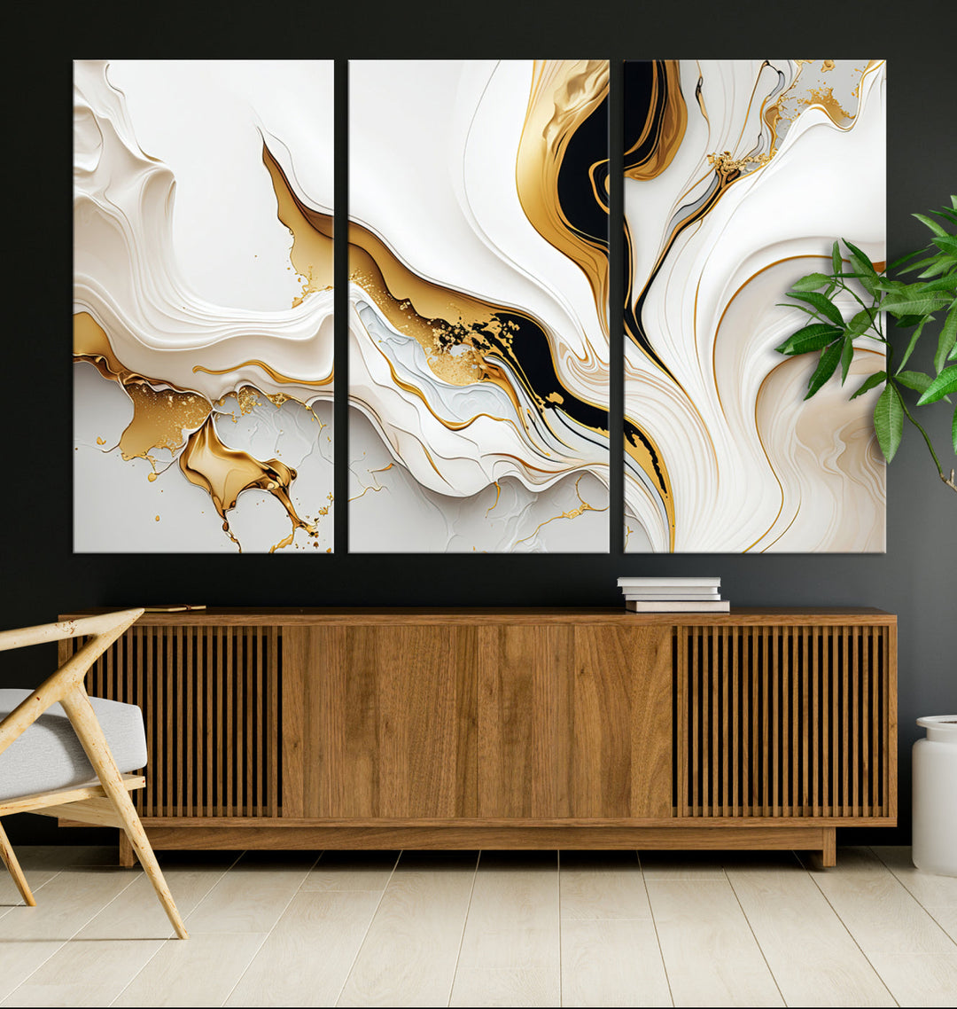 Abstract White and Gold Canvas Wall Art Print - Elegant Modern Design with Flowing White and Gold Accents, Perfect for Living Room or Office Decor