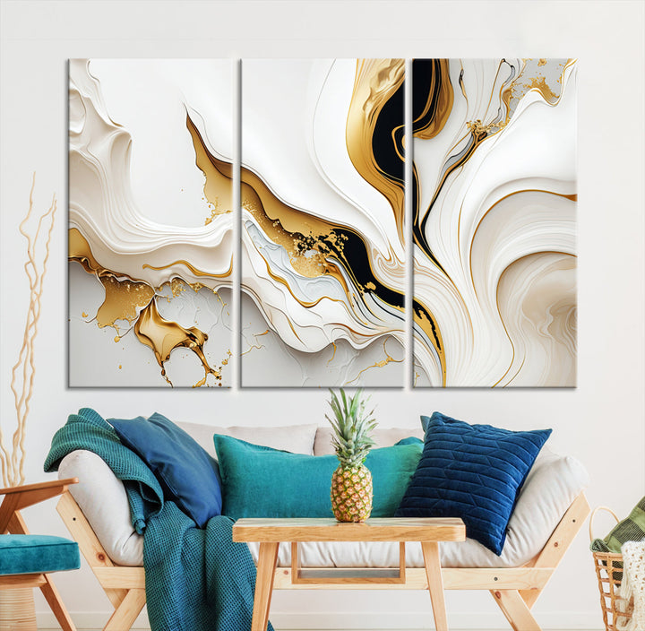 Abstract White and Gold Canvas Wall Art Print - Elegant Modern Design with Flowing White and Gold Accents, Perfect for Living Room or Office Decor