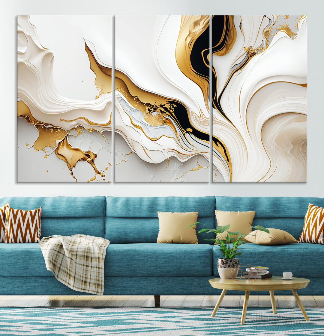 Abstract White and Gold Canvas Wall Art Print - Elegant Modern Design with Flowing White and Gold Accents, Perfect for Living Room or Office Decor