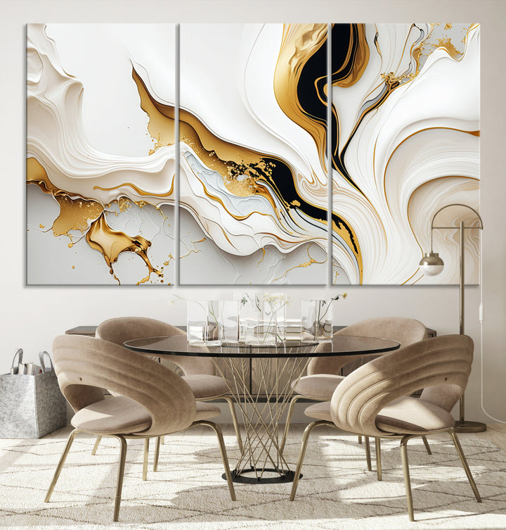 Abstract White and Gold Canvas Wall Art Print - Elegant Modern Design with Flowing White and Gold Accents, Perfect for Living Room or Office Decor