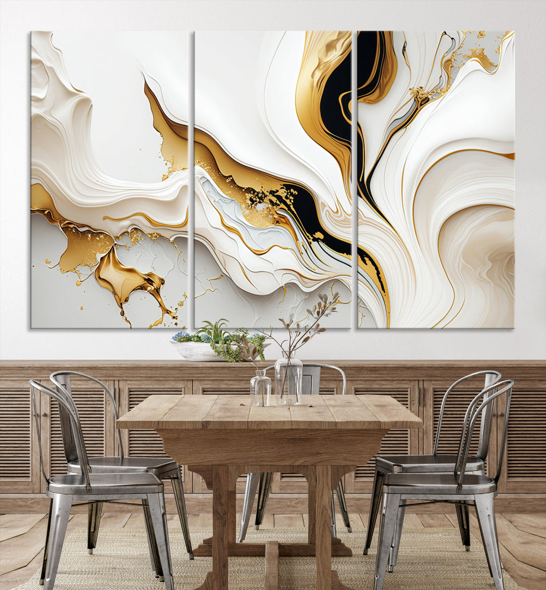 Abstract White and Gold Canvas Wall Art Print - Elegant Modern Design with Flowing White and Gold Accents, Perfect for Living Room or Office Decor