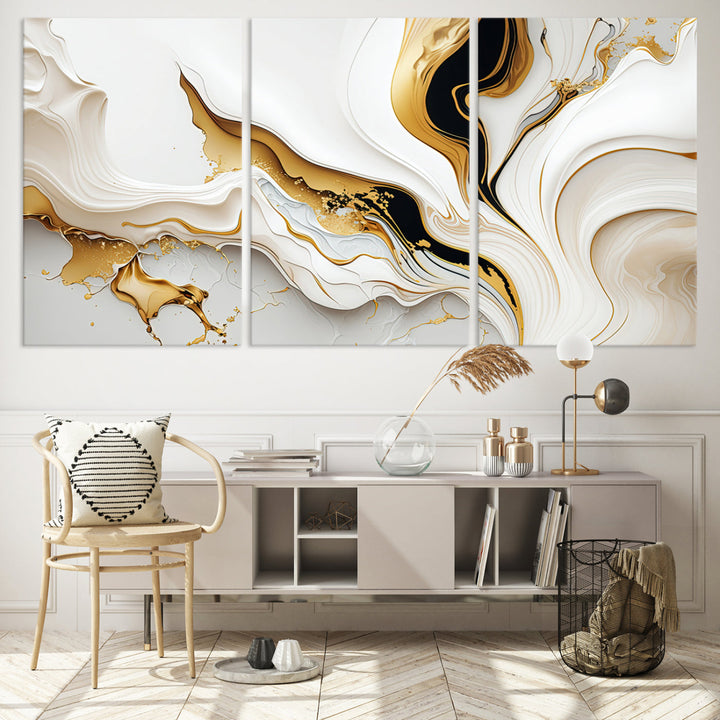 Abstract White and Gold Canvas Wall Art Print - Elegant Modern Design with Flowing White and Gold Accents, Perfect for Living Room or Office Decor