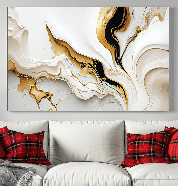 Abstract White and Gold Canvas Wall Art Print - Elegant Modern Design with Flowing White and Gold Accents, Perfect for Living Room or Office Decor